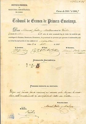 Examen de Primaria de Manuel de Falla que custodia el Archivo Histórico Provincial de Cádiz.